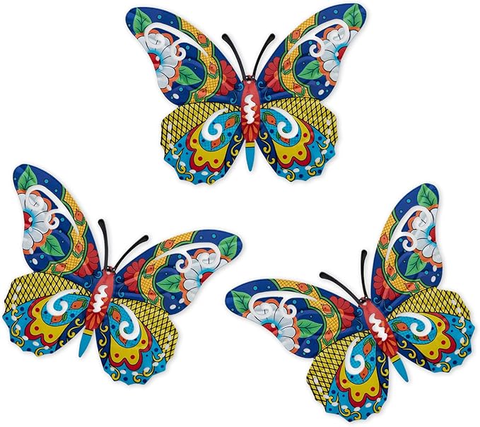 Schwousi Metal Butterfly Mexican Pottery Outdoor Decor, Talavera Garden Decor, Butterfly Wall Art Set of 3, Wall Sculpture Hanging Decorations for Garden Patio