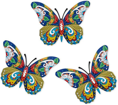 Schwousi Metal Butterfly Mexican Pottery Outdoor Decor, Talavera Garden Decor, Butterfly Wall Art Set of 3, Wall Sculpture Hanging Decorations for Garden Patio