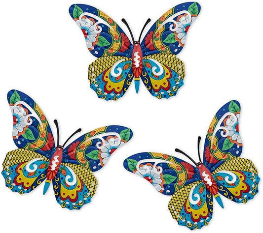 Schwousi Metal Butterfly Mexican Pottery Outdoor Decor, Talavera Garden Decor, Butterfly Wall Art Set of 3, Wall Sculpture Hanging Decorations for Garden Patio