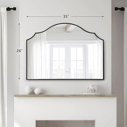 Besdomus Scalloped Arched Mirror for Mantel: 35"x26" Black Modern Wooden Wall Mirror - Minimalist Decorative Dresser for Vanity/Bathroom/Bedroom/Fireplace/Living Room/Entryway - Stylish Home Decor