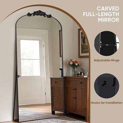 Antok Arched Full Length Mirror, 78"x38" Floor Mirror with Carved, Full Body Mirrors for HomeDecor, Standing/Halling Large Wall Mirror for Bedroom, Living Room, Cloakroom, Black, Retro Style