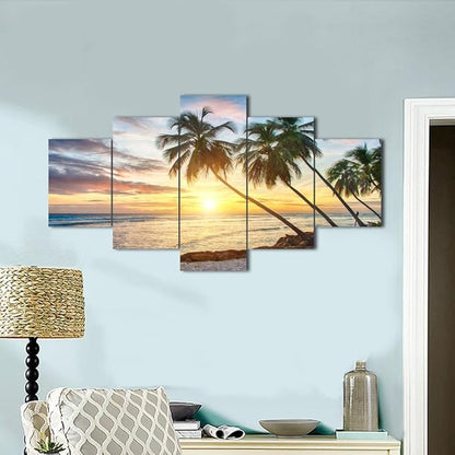 Modern Beach Painting Beautiful Large Sunset Landscape Ocean Pictures Framed Stretched for Living Room Home Decor Posters and Prints Seascape Wall Art Painting on Canvas 5 Piece(60''W x 32''H)