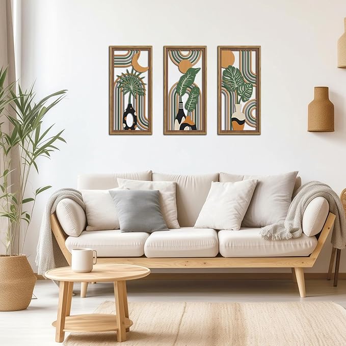 KAIRNE Boho Wooden Wall Art,Bohemian Wood Wall Decor Set of 3(16”X8”),Farmhouse Geometric Hanging Decor,Abstract Minimalist Sun Moon Artwork for Living Room Bedroom Nursery Office Decoration,Framed