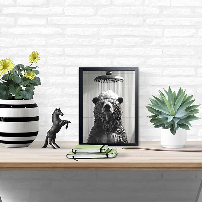 XYHYRA Funny Bear Bathroom Wall Art, Black and White Animal Shower Canvas Print Picture, Cute Bear Taking Bath Poster, Modern Farmhouse Bathroom Restroom Home Wall Decor 8x10 inch Wood Framed