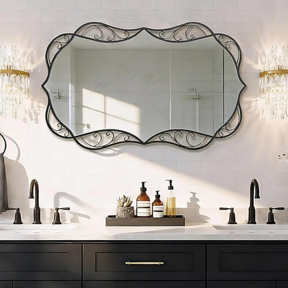 Besdomus Bathroom Black Wall Mirror: 30"x48" Scalloped Modern Large Wall Mounted Vanity Mirror - Farmhouse Decorative Vertical or Horizontal Hanging - Home Decor for Bathroom/Hallway/Fireplace/Bedroom