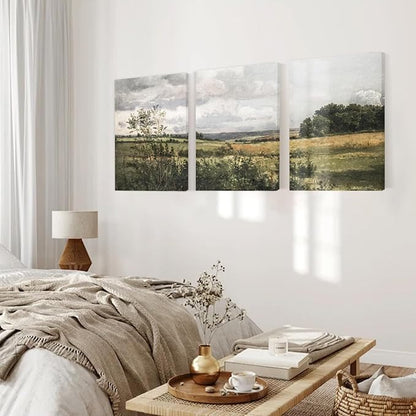 Vintage Bathroom Decor Wall Art Set of 3,Retro Country Wall Decor Field Landscape Wall Art Framed,Rustic Bathroom Wall Art Decor Moody Countryside Oil Paintings Pictures for Living Room Bedroom Office,12x16inch