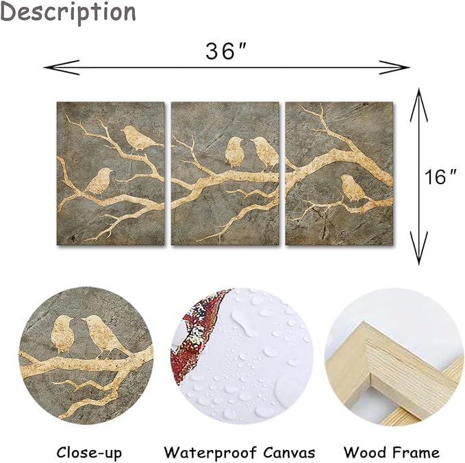 Artmyharbor Bird Prints Painting Triptych Wall Art Gold Bird Wall Decor