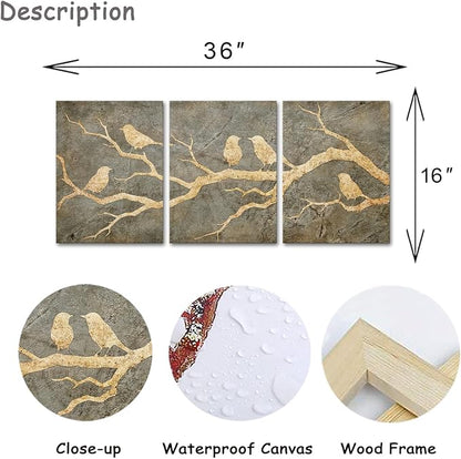 Artmyharbor Bird Prints Painting Triptych Wall Art Gold Bird Wall Decor