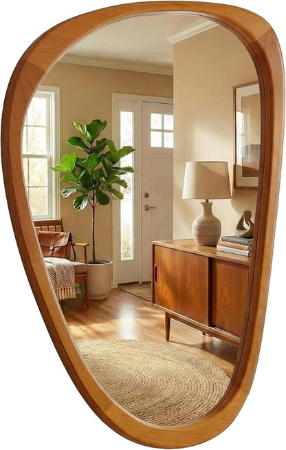 Solid Wood 36"x24" Modern Organic Asymmetrical Mirror, Warm Walnut Irregular Wooden Wall-Mounted Mirror, Sculptural Spa-Like Bathroom Vanity Mirror, Honey Walnut