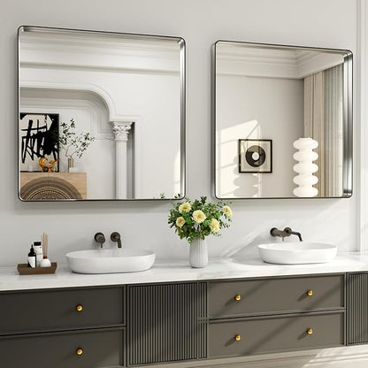 LOAAO 38X38 Inch Brushed Nickel Bathroom Mirror, Rounded Rectangle Silver Metal Frame Mirror, Brushed Nickel, Anti-Rust, Shatter Proof, Hangs Horizontally or Vertically