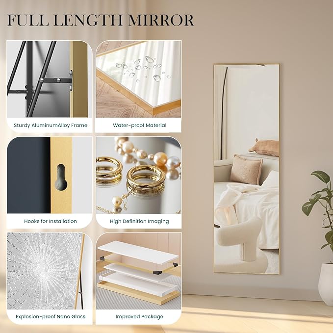 NEWBULIG Mirror Full Length, 16"x59" Body Wall Mirrors with Shatter-Proof Glass, Upgraded Floor Standing Mirror, Hanging or Leaning, with Stand Aluminum Alloy Frame for Home Decor, Bedroom, Gold