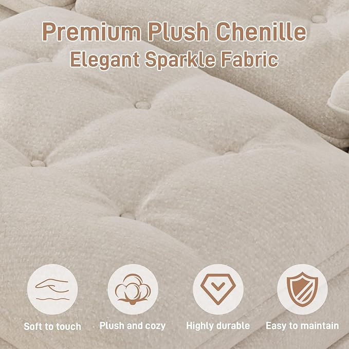 134"U Shaped Sectional Couches for Living Room, Oversized Modular Sectional Fluffy Couch with 2 Ottoman & Storage Console,Modern 6 Seat Living Room Sofa with Glitter Fabric,Tufted Buttons, Beige