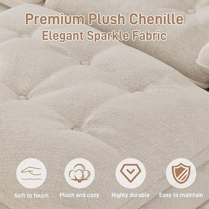 134"U Shaped Sectional Couches for Living Room, Oversized Modular Sectional Fluffy Couch with 2 Ottoman & Storage Console,Modern 6 Seat Living Room Sofa with Glitter Fabric,Tufted Buttons, Beige