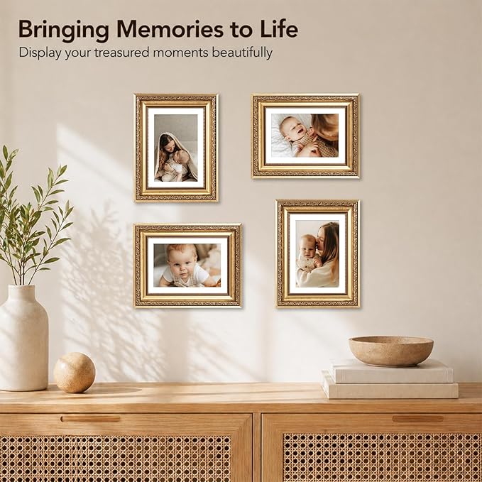 JCJMY 5x7 Vintage Picture Frame with 4x6 Mat Set of 2, Elegant Retro 5 by 7 Photo Frame with Shatter-Resistant Plexiglass for Wall or Tabletop Display, Gallery Decor & Gift, Gold, 2 Pack