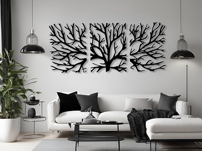 Vailla Tree Wall Art Set of 3 Decor Tree of Life Wall Hanging Wooden Sculpture Modern Wall Home Decoration 3D Textured Sculptures for Living Room Bedroom Office Dinnig Room 3 Panels Family Tree