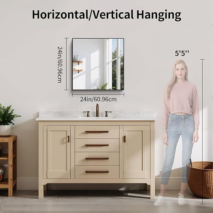 YIROMAN Bathroom Mirror 24"x24", Matte Black Bathroom Mirror for Over Sink with Aluminum Frame, Square Vanity Mirror with Right Angle, Wall Mirror Hangs Horizontal or Vertical