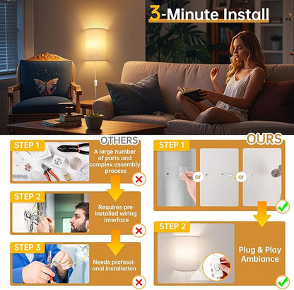 Shenmoyl Plug in Wall Sconces Set of 2 - Dimmable 3 Light Modes, Soft Fabric Linen Shade, Easy Install Wall Lamp for Bedroom, Corridor, Living Room Indoor Ambience Lighting with Switch
