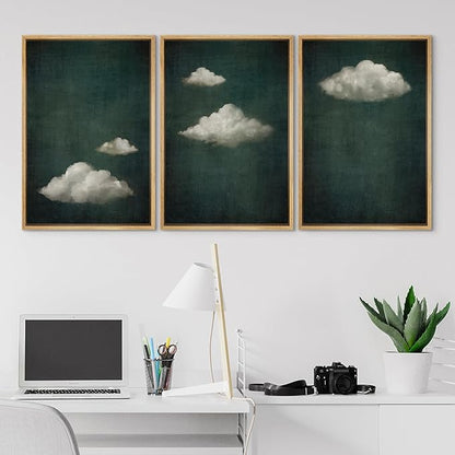 SIGNLEADER Framed Canvas Print Wall Art Set Vintage Cloudscape Dreamy Green Sky and Clouds Illustrations Boho Decorative for Living Room, Bedroom, Office - 24"x36"x3 Natural