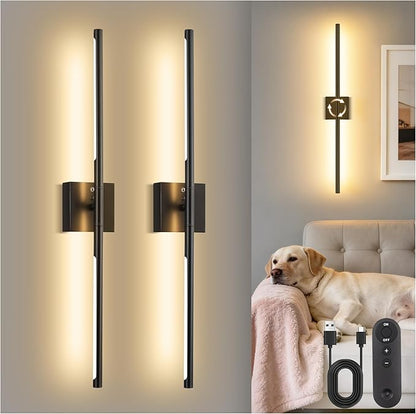 DORESshop Battery Operated Wall Sconces Set of 2, Dimmable Battery Wall Sconce with Remote Control, Black 350°Rotate Rechargeable Sconces, 29 Inch Wireless Wall Lights for Bedroom, Living Room