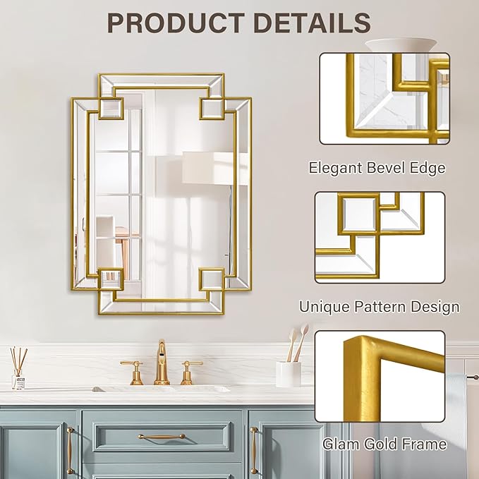 Gold Mirror for Bathroom, 20x26.4 Inch Rectangle Bathroom Vanity Mirror for Over Sink, Modern Decorative Mirror for Living Room Entryway Fireplace Mantel (Horizontal/Vertical)