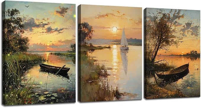weiyiart Farmhouse Canvas Wall Art Vintage Wall Decor for Living Room Quiet River Sunset Boat Print Paintings Aesthetic Nature Landscape Picture Artwork for Bathroom Bedroom Office 12"x16"x3pcs