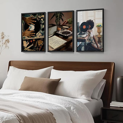 Black Girl Wall Art Decor Modern Black Woman Painting Prints, Set of 3 African American Music Record Player Poster Canvas Artwork for Bedroom Living Room 12x16 inch PS Framed