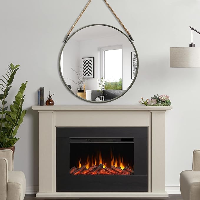 POZINO Round Mirror, 24 Inch Circle Wall Mirrors, Hanging Mirror with Rope, Farmhouse Mirrors for Bathroom Bedroom Living Room Entryway Home Decor, Grey