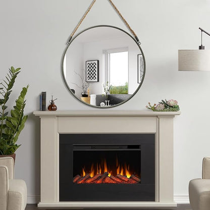 POZINO Round Mirror, 24 Inch Circle Wall Mirrors, Hanging Mirror with Rope, Farmhouse Mirrors for Bathroom Bedroom Living Room Entryway Home Decor, Grey