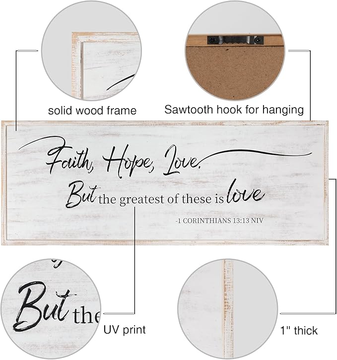 Faith Hope and Love Bible Verses Framed Wall Sign For Family Living Room Kitchen Farmhouse Dining Room Vintage Boho Wall Art Decoration For Living Room Bedroom, 40 x 15 Inch, White