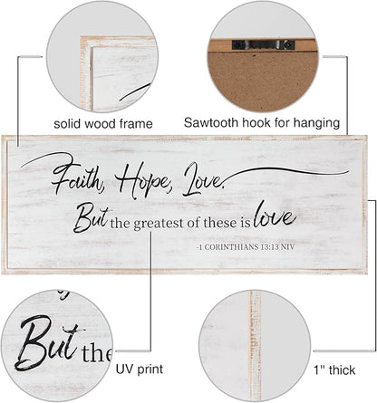 Faith Hope and Love Bible Verses Framed Wall Sign For Family Living Room Kitchen Farmhouse Dining Room Vintage Boho Wall Art Decoration For Living Room Bedroom, 40 x 15 Inch, White