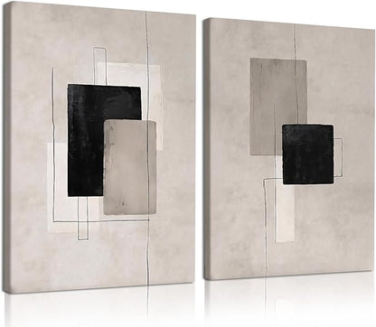 Kdyudo 2 Pcs Large Minimalist Block Line Canvas Framed Wall Art Neutral Abstract Print Poster Wall Decor Black Beige And Brown Geometric Square Line Painting Pictures Living Room Bedroom 12x16 Inch