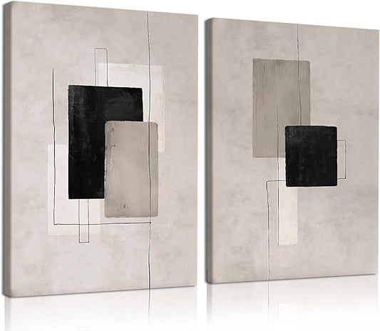 Kdyudo 2 Pcs Large Minimalist Block Line Canvas Framed Wall Art Neutral Abstract Print Poster Wall Decor Black Beige And Brown Geometric Square Line Painting Pictures Living Room Bedroom 12x16 Inch