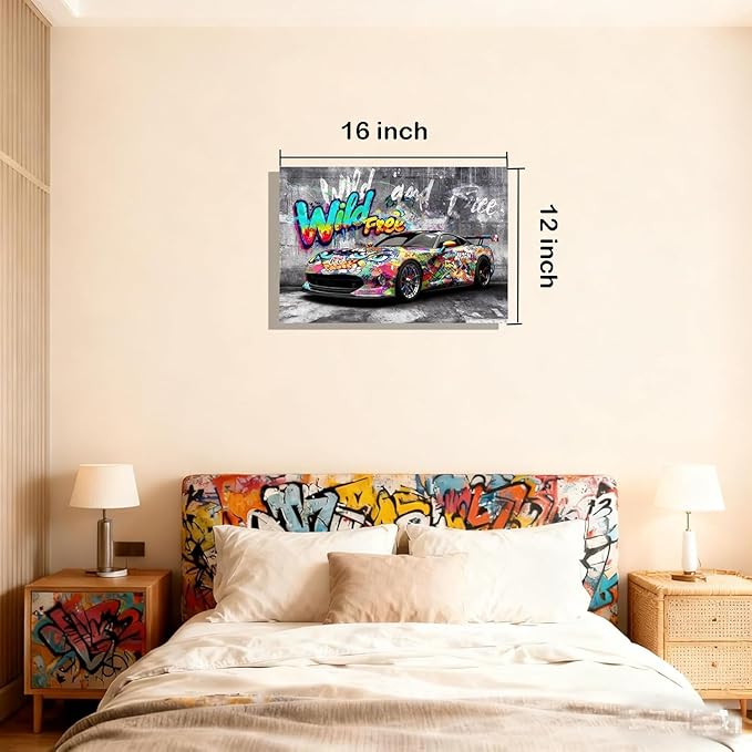 12x16 Modern Graffiti Sports Racing Car Canvas Wall Art Framed Urban Street Painting Car Poster for Teen Boys Room Pop Funny Home Decor Kids Bedroom Cool Posters Living Room Prints