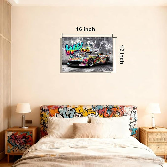 12x16 Modern Graffiti Sports Racing Car Canvas Wall Art Framed Urban Street Painting Car Poster for Teen Boys Room Pop Funny Home Decor Kids Bedroom Cool Posters Living Room Prints