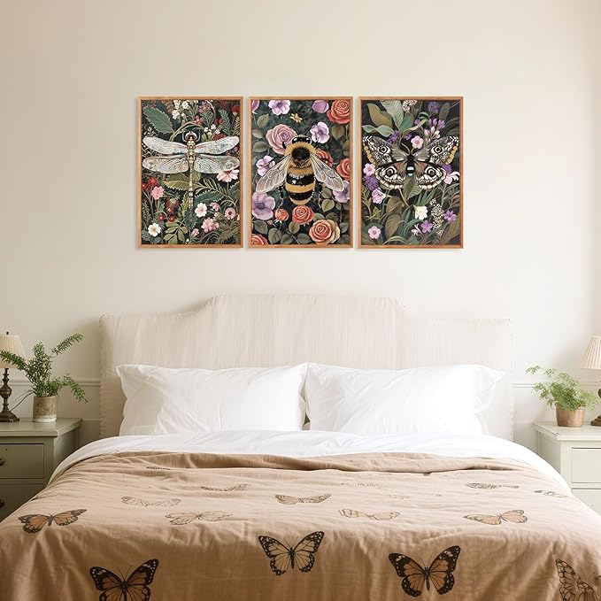 Aurlan Moody Boho Flowers Insect Framed Wall Art(16"x24"), 3PCS Dark Academia Cottage Core Whimsical Bee Butterfly Dragonfly Canvas Artwork, Abstract Vintage Floral Botanical Plant Decor for Home Office Bedroom