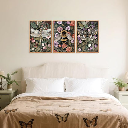Aurlan Moody Boho Flowers Insect Framed Wall Art(16"x24"), 3PCS Dark Academia Cottage Core Whimsical Bee Butterfly Dragonfly Canvas Artwork, Abstract Vintage Floral Botanical Plant Decor for Home Office Bedroom