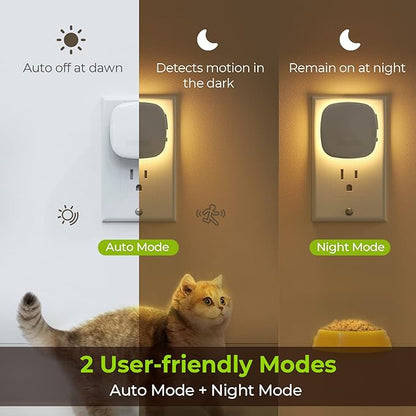 AUVON Plug-in LED Backlit Night Light with Motion Sensor & Dusk to Dawn Sensor, 2700K Soft Warm White Nightlight with 1-50lm Dimmable Brightness for Adults & Kids' Bedroom, Bathroom, Hallway (4 Packs)