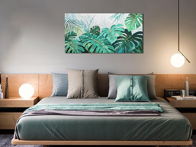 Enartly Palm Green Leaf Canvas Wall Art for Living Room, Monstera Tropical Leaf Painting Jungle Plant Picture Nature Artwork Print Framed Bedroom Hallway Office Home Decor, Large 48"x24"