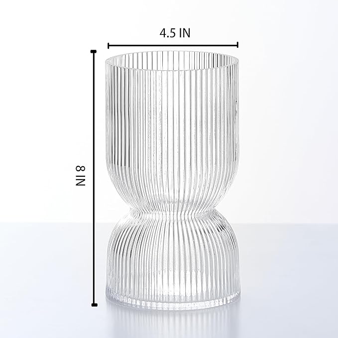 7.5 inch Vase for Flowers, Clear Ribbed Thickened Glass Vases, Hourglass Bud Flower Vase for Bookshelf, Dinner Table, Indoor Office Desktop, Meeting Room, Bathroom, Home Decor, Christmas Decoration