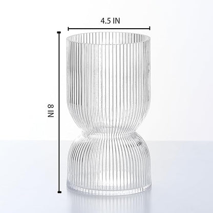 7.5 inch Vase for Flowers, Clear Ribbed Thickened Glass Vases, Hourglass Bud Flower Vase for Bookshelf, Dinner Table, Indoor Office Desktop, Meeting Room, Bathroom, Home Decor, Christmas Decoration