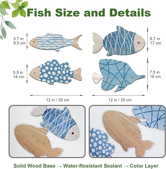 Aikgidtt 4 Pieces Wooden Fish Wall Decor Set, 12 Inch Coastal Wall Art for Bathroom, Beach House, Family Rooms - with Hooks & Adhesive Pads (Blue)