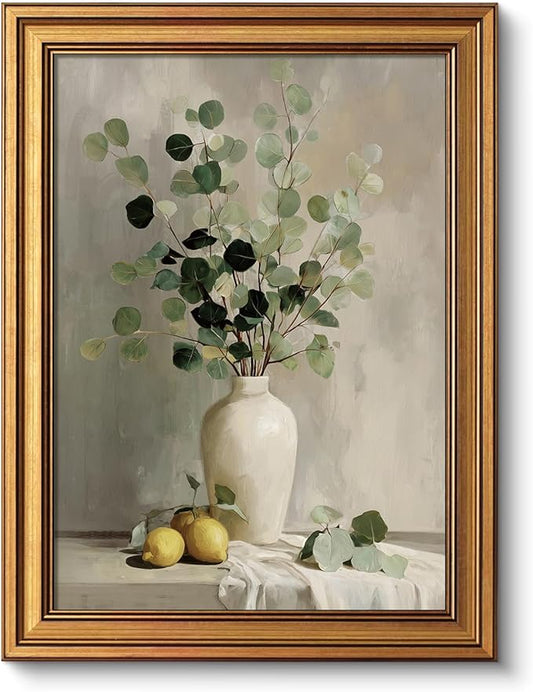 VIYYIEA Modern Rustic Botanical Farmhouse Wall Art Decor for Dining Room Kitchen, Aesthetic Eucalyptus Lemons Vase Pictures,12x16inch,Gold Framed Canvas Prints Paintings