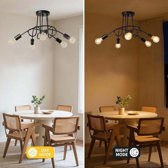 Modern Farmhouse Chandelier,25 Inch 5 Light Sputnik Semi Flush Mount Ceiling Light, Metal Black Rustic Light Fixture for Dining Room Bedroom Kitchen Hallway Entryway
