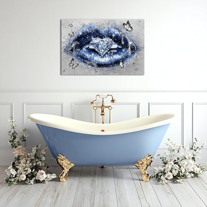 Conipit Navy Fashion Wall Art Blue Lip Canvas Art Beauty Glam Picture Prints Lip Painting with Heart Diamond Artwork for Makeup Room Bedroom Salon Wall Decor 24x36 Inch