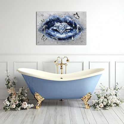 Conipit Navy Fashion Wall Art Blue Lip Canvas Art Beauty Glam Picture Prints Lip Painting with Heart Diamond Artwork for Makeup Room Bedroom Salon Wall Decor 24x36 Inch