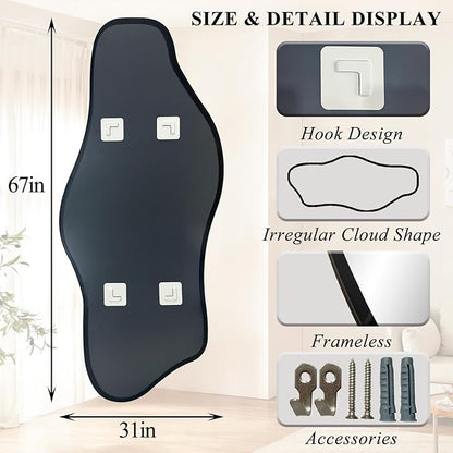 Irregular Mirror Full Length, 67"x31" Asymmetrical Tempered Glass Mirrors, Modern Large Organic Frameless Mirrors for Living Room Bedroom Hallway Entryway, Horizontal or Vertical Hanging