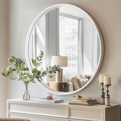 HOMECOOKIN Round Wood Mirror, 31" Round Bathroom Wall Mirror Circle Mirrors for Wall Decor, Vanity, Living Room, Bedroom, Entryway, White
