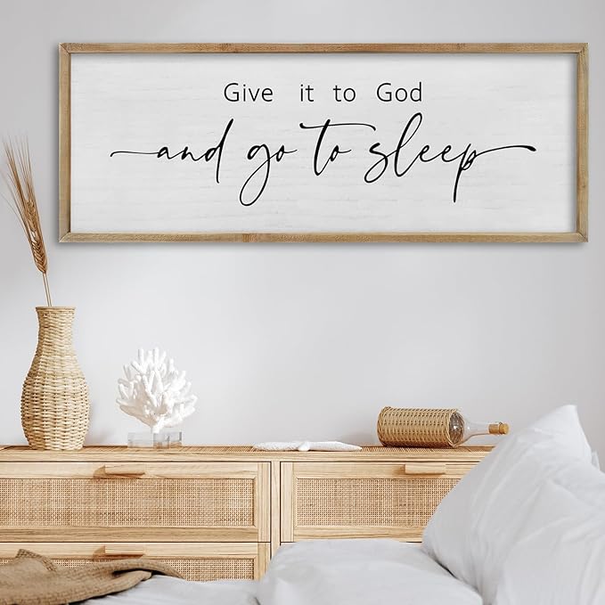 FZMHASLWW Give It To God And Go To Sleep Sign Above Bed Wall Decor 32"×12" Master Bedroom Over Bed Rustic Bible Verse Christian God Holy Catholic Farmhouse Horizontal Wall Art (Wood)