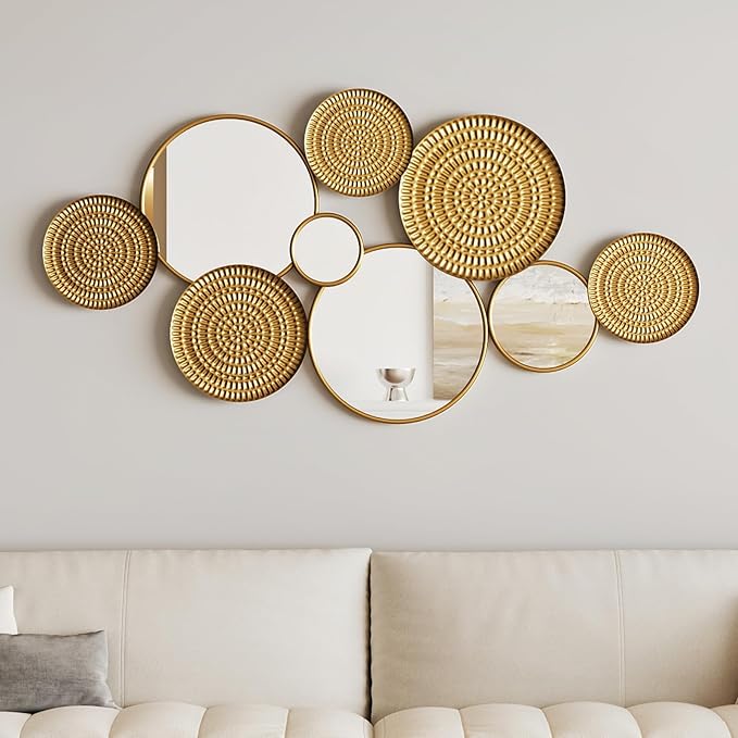 PERHOM Wall Decor Mirror, 45"x23" Gold Wall Art Mirror, Modern Wall Sculptures Mirrors with Gold Metal Frame for Living Room, Entryway, Bedroom, Dinner Room, Fireplace