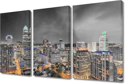 3 Panel Charlotte Nighttime Lightscape Wall Decor Skyscrapers City Skyline Wall Decor for Bedroom Giclee Wooden Framed Gallery-Wrapped Ready to Hang (36" Wx24 H)